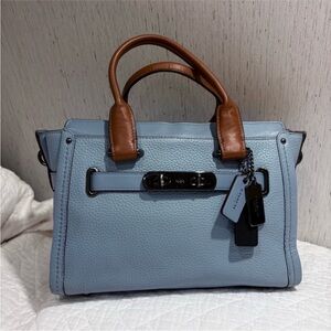 Coach 2016 light blue yellow tan Leather Swagger 27 Carryall Satchel purse